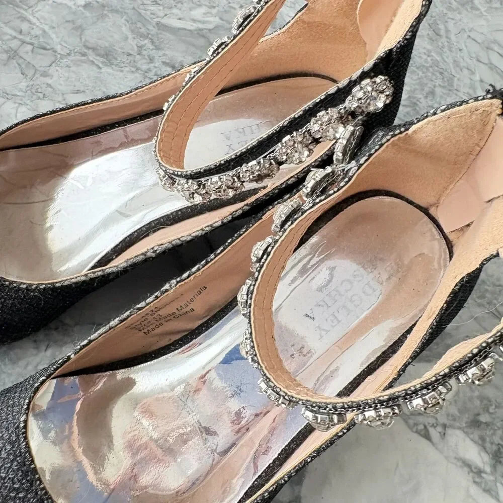 Badgley Mischka Ankle Strap Embellished Girls' Glitter Pump Shoes Black Size 13